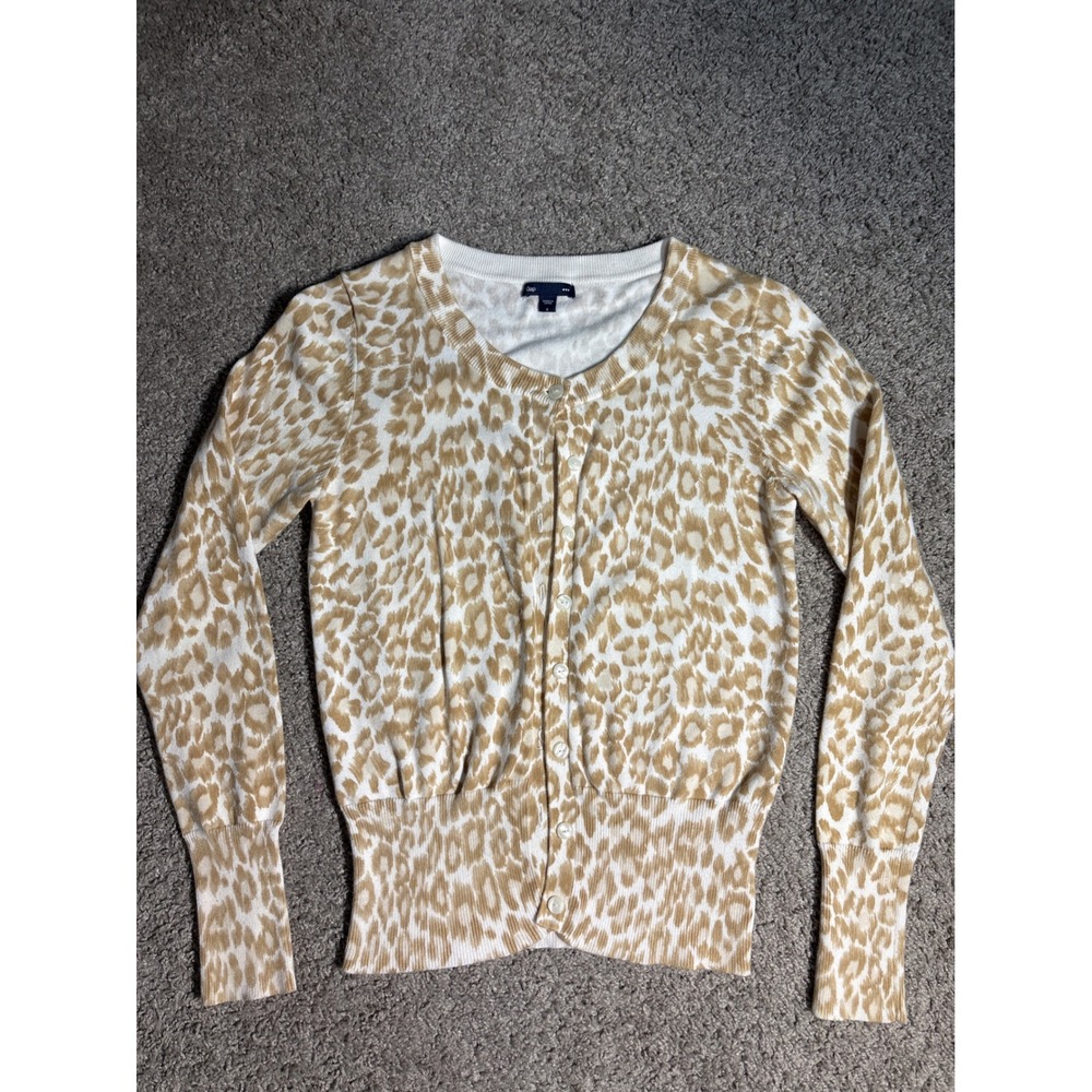 Y2K Gap Womens Leopard Print Cardigan Sweater Tan Cream Animal Print Small